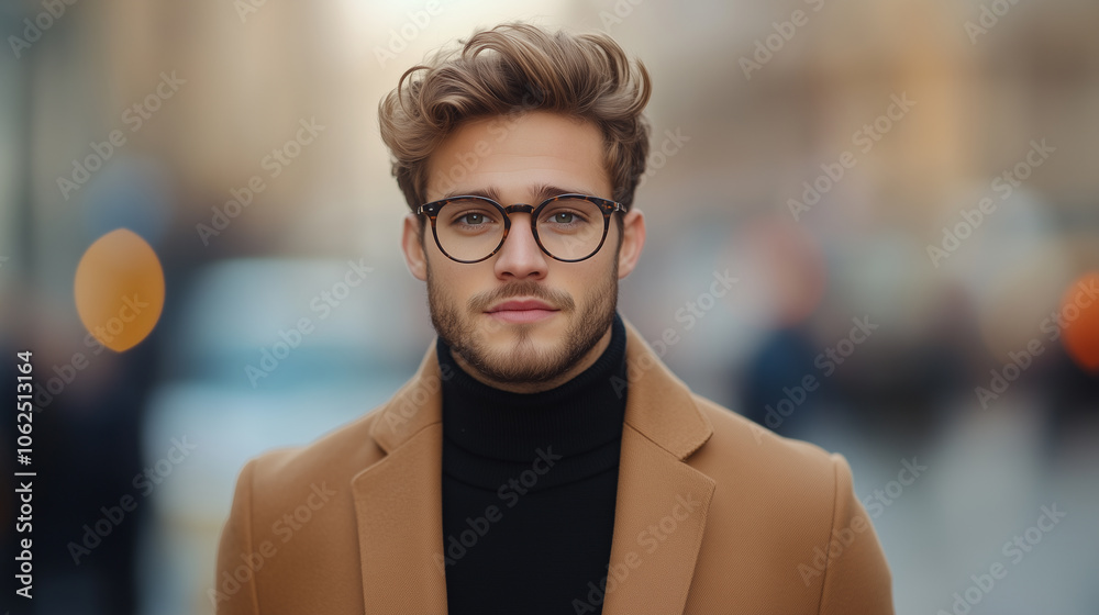 Naklejka premium stylish young man with glasses and fashionable coat stands confidently in bustling urban environment, exuding charm and sophistication.