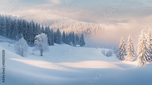 A serene winter landscape with snow-covered hills, evergreen trees, and a soft golden light filtering through the clouds.