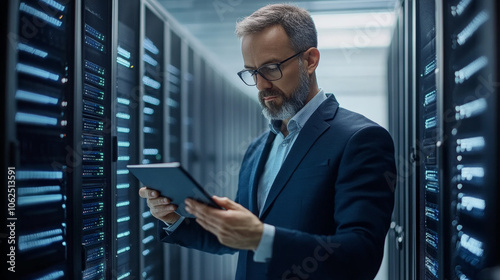 professional man in suit examines tablet in data center, surrounded by server racks, showcasing focus on cybersecurity and technology