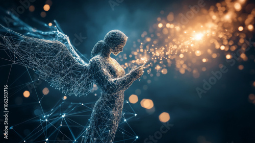 digital guardian angel protecting personal data with glowing aura, symbolizing security and technology. ethereal figure interacts with data streams, representing modern digital safety