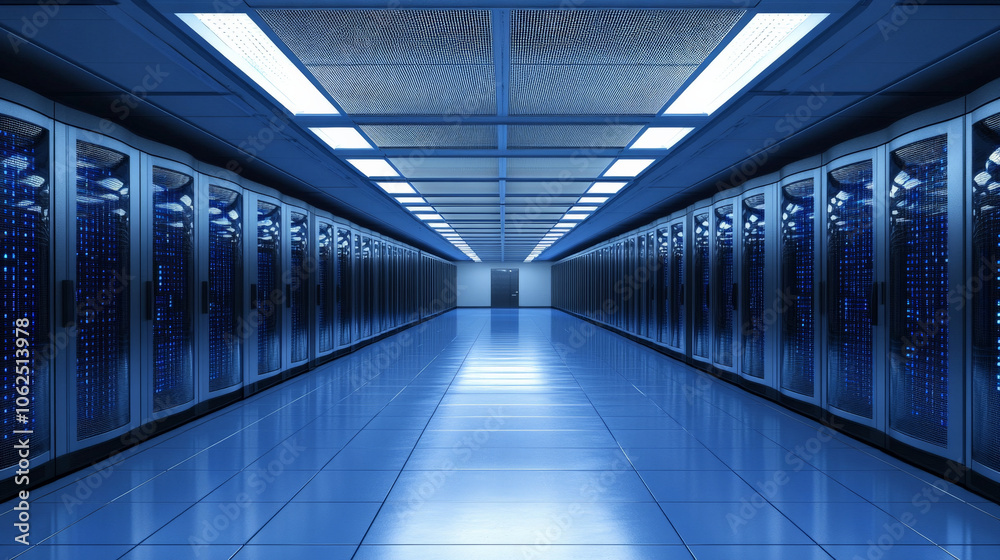 modern data center featuring rows of server racks, illuminated by blue lighting, creating high tech atmosphere modern data center featuring rows of server racks, illuminated by blue lighting, creating high tech atmosphere