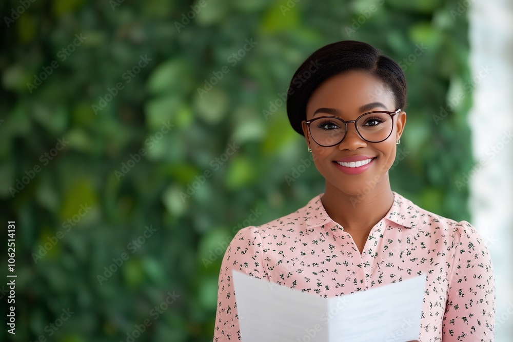 Happy young african american business owner woman, female project manager, developer, company leader standing in a modern office, looking over the contract documents, smiling. Happy young african american business owner woman, female project manager, developer, company leader standing in a modern office, looking over the contract documents, smiling.