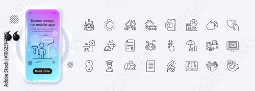 Coffee cup, Sunny weather and Photo thumbnail line icons for web app. Phone mockup gradient screen. Pack of Blood donation, Lgbt, Hold heart pictogram icons. Vector