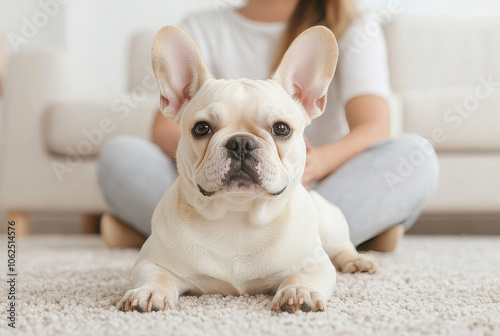 Cute little dog with owner enjoying the day at home. 
