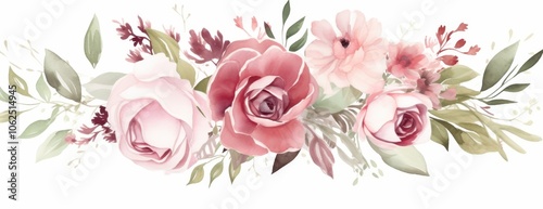 Watercolor Floral Arrangement with Pink and Red Roses and Green Leaves