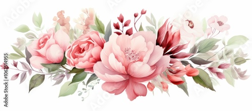 Watercolor Painting of Pink Roses and Peonies with Green Leaves