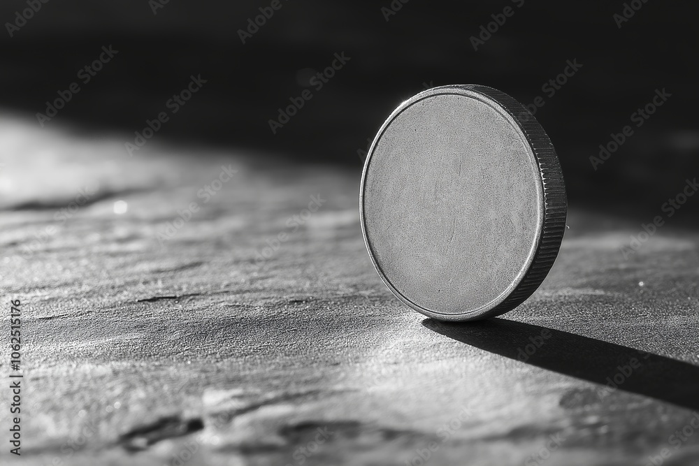 Silver coin on a wooden background. Black and white. Copy space. Silver coin on a wooden background. Black and white. Copy space.