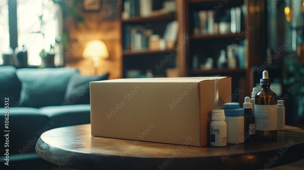Package of Health Products on a Table in Cozy Room Package of Health Products on a Table in Cozy Room