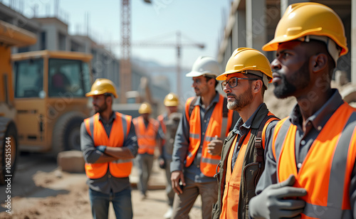 A group of construction workers on a building site, wearing safety helmets, reflective vests, and work gloves, engaged in various tasks with heavy machinery and tools around them.