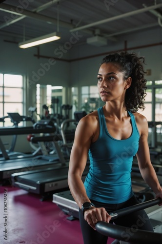 Focused Woman Exercising on Treadmill in Modern Gym