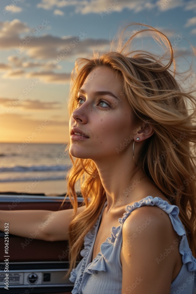 Thoughtful Young Woman Gazing at Sunset by the Ocean in a Convertible Car