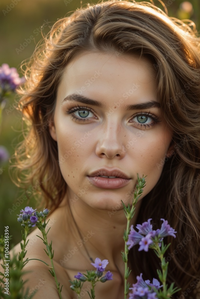 Portrait of a Young Woman Surrounded by Wildflowers in Soft Evening Light Portrait of a Young Woman Surrounded by Wildflowers in Soft Evening Light