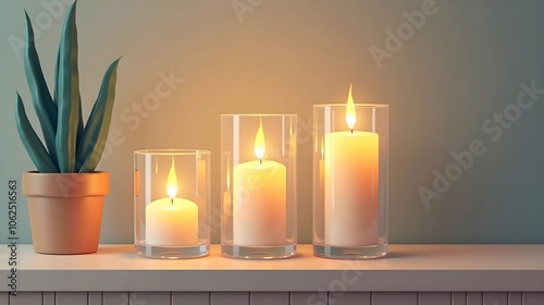 The sleek glassencased candles create a modern and sophisticated focal point in the interior design. 2d flat cartoon photo