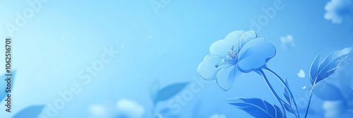 Single blue flower blooms in a soft blue and white blurred background.