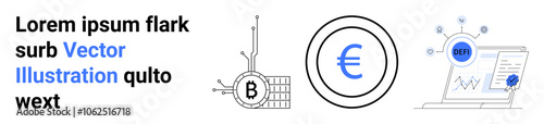 Bitcoin symbol, Euro currency, SEO dashboard and graphs. Ideal for financial services, cryptocurrency, fintech solutions, digital marketing, economic analysis, tech startups, investment platforms