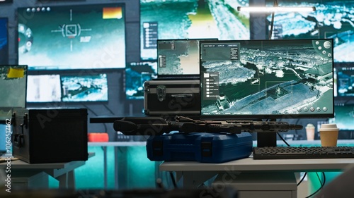 Bild auf Leinwand Weapons on table in secure room in army governmental facility operating as military command post and surveillance monitoring center