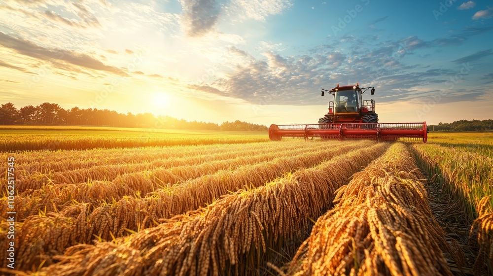 Fototapeta premium Tractor Harvesting Wheat on Golden Sunset Landscape