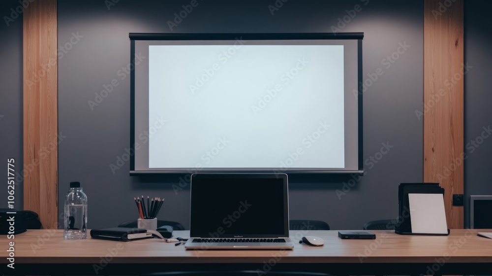 Minimalist Workspace Featuring a Blank White Projector Screen and Laptop Setup Minimalist Workspace Featuring a Blank White Projector Screen and Laptop Setup
