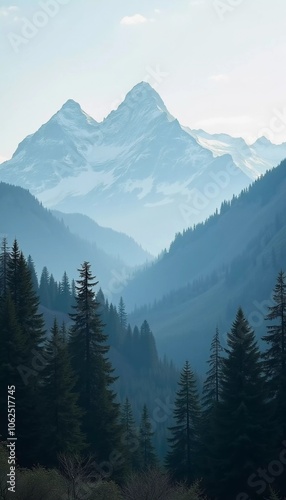 A peaceful view unfolds with towering spruce trees framing majestic mountains bathed in soft morning light. Lush green forest descends into a misty valley, creating a serene atmosphere. Generative AI.