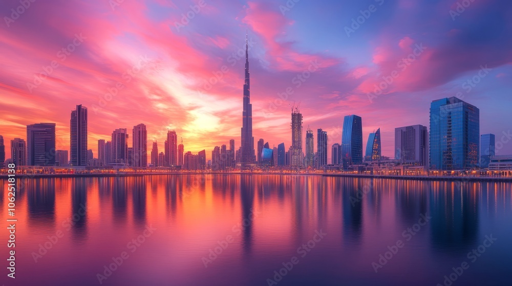 A city skyline is reflected in the water, with the sun setting in the background