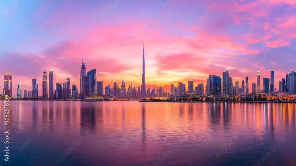 A city skyline is reflected in the water, with the sun setting in the background A city skyline is reflected in the water, with the sun setting in the background