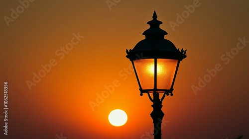 Elegant Street Lamp Illuminated Against a Vibrant Sunset Sky in a Serene Urban Setting