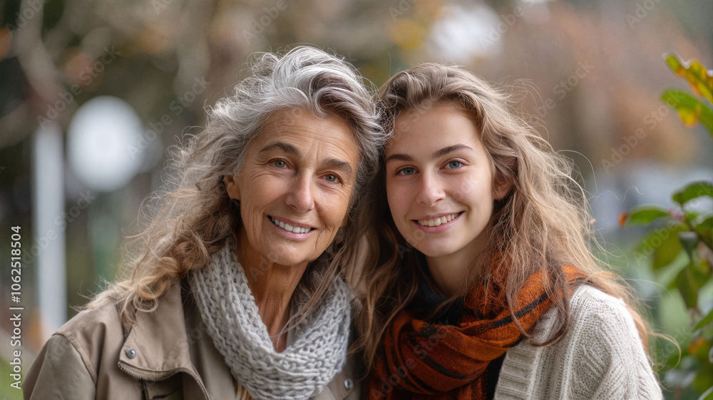 Obraz premium Smiling grandmother and granddaughter standing close together outdoors in cozy scarves and sweaters, enjoying a cool autumn day with a background of soft greenery