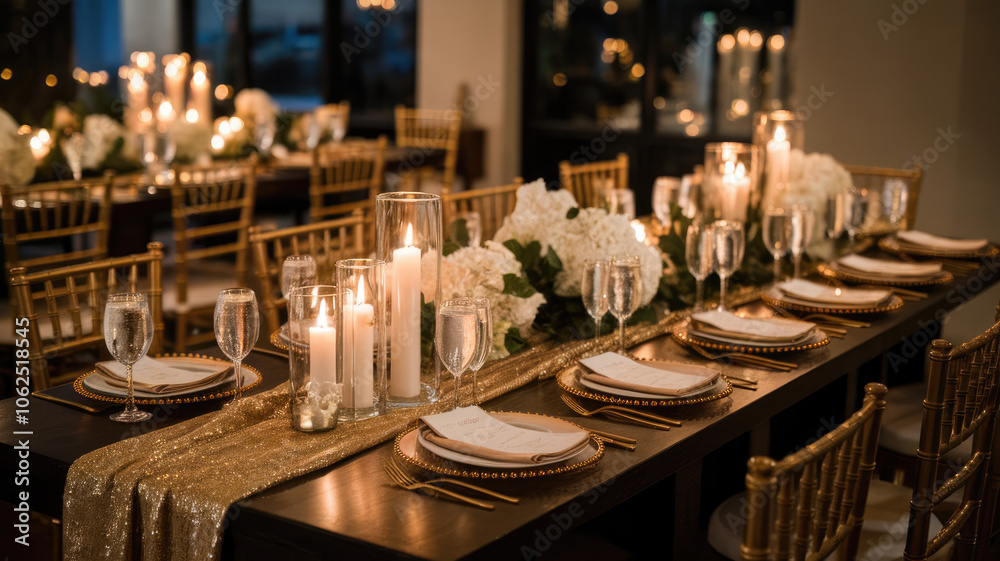 A stunning elegantly arranged dining table setup for a special occasion, featuring golden accents, white flowers, and soft candlelight creating a warm ambiance. A stunning elegantly arranged dining table setup for a special occasion, featuring golden accents, white flowers, and soft candlelight creating a warm ambiance.