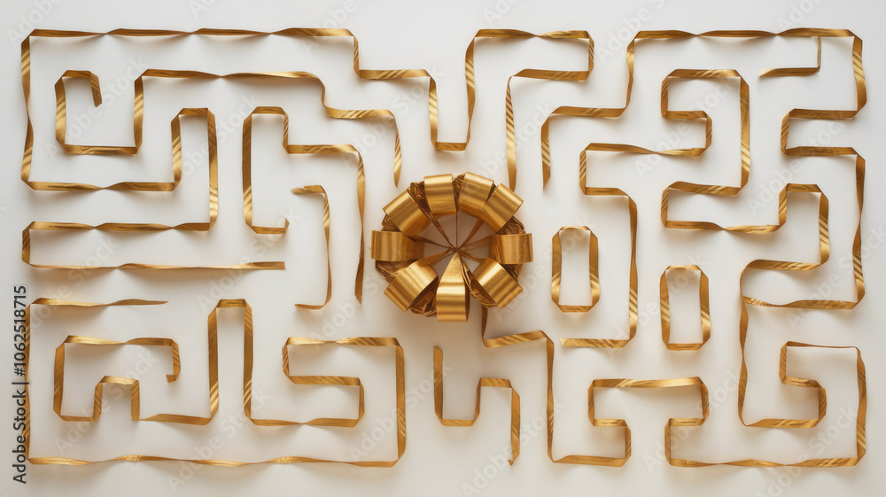 A visually striking golden maze crafted from curling ribbon, featuring a beautifully arranged gift bow at its center, creating an engaging and festive atmosphere. A visually striking golden maze crafted from curling ribbon, featuring a beautifully arranged gift bow at its center, creating an engaging and festive atmosphere.
