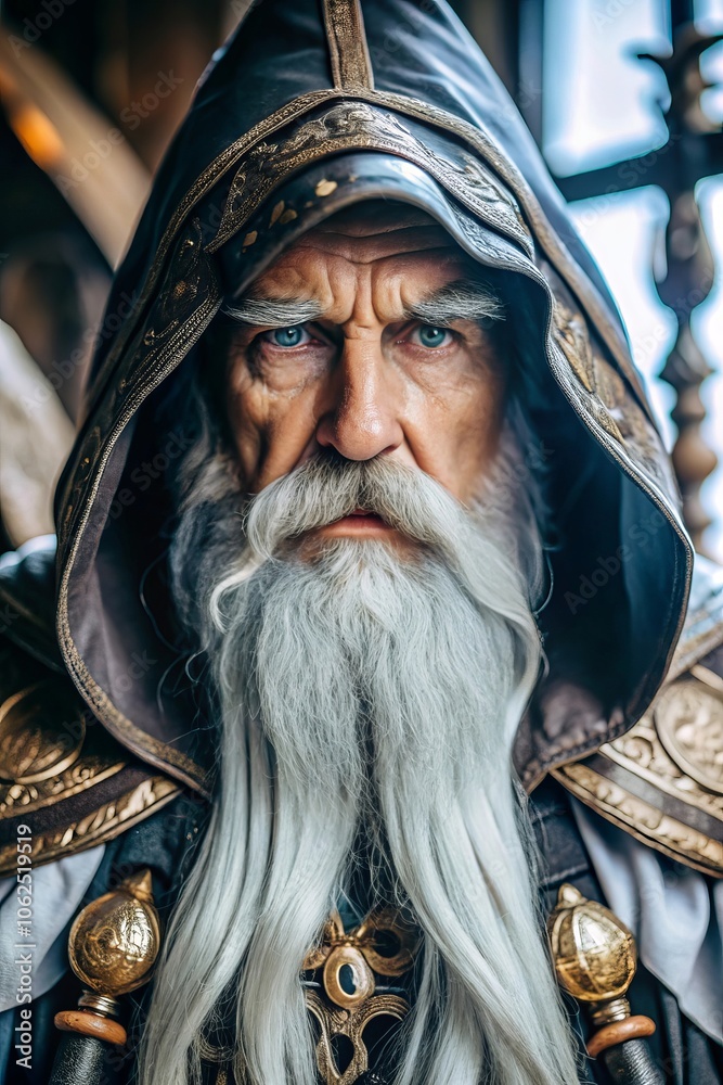 Wise sorcerer in mystical robes with intense gaze and long white beard Wise sorcerer in mystical robes with intense gaze and long white beard