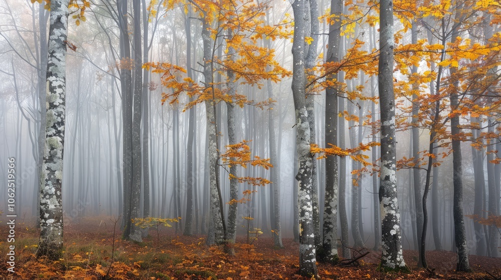 Fototapeta premium Foggy fall woods in Europe