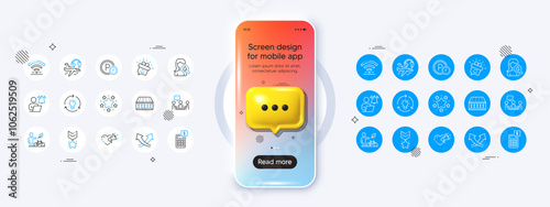 Phone mockup with 3d chat icon. International flight, Idea and User notification line icons. Pack of Flexible mattress, Stars, Wifi icon. Love message, People chatting, Eco bike pictogram. Vector