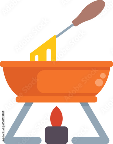 Vector illustration of a cheese fondue pot, with melted cheese on a fork, over a burning portable stove