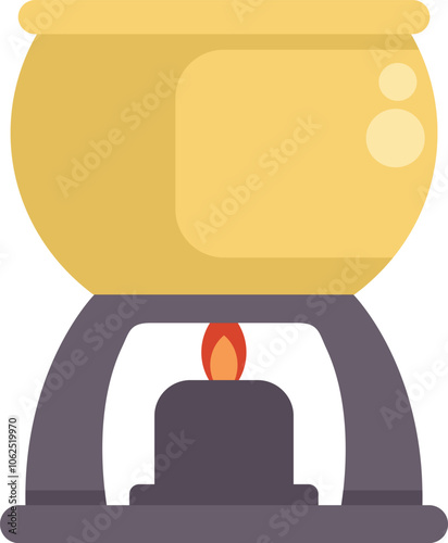 Traditional fondue pot is warming on a lit candle stovetop burner