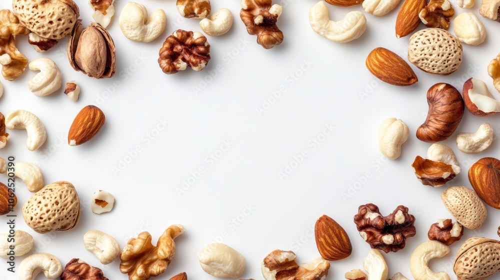 Fototapeta premium Mixed Nuts Frame Top View White Background Copy Space