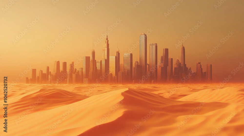 A city is shown in the distance with a sandy desert in the foreground A city is shown in the distance with a sandy desert in the foreground