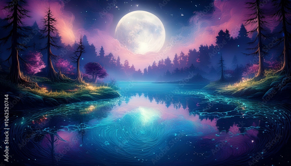 Fototapeta premium A magical forest on a lake with the moon floating on it,generated by AI