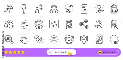 Destination flag, Uv protection and Data analysis line icons for web app. Pack of Quote bubble, Water drop, Consolidation pictogram icons. Washing machine, Checked file, Share signs. Vector
