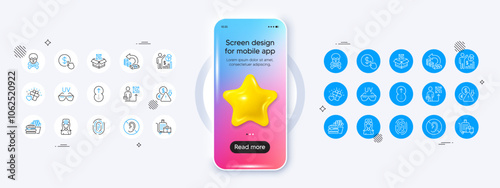 Qr code, Sunglasses and Oculist doctor line icons. Phone mockup with 3d star icon. Pack of Fingerprint, Burger, Swipe up icon. Leadership, Chemical hazard, Cash back pictogram. Vector