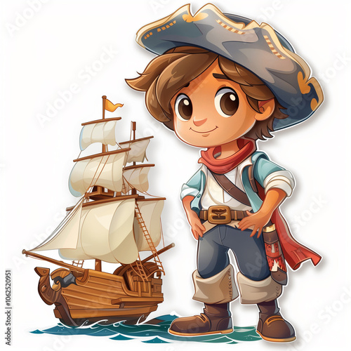 A cartoonish young pirate with a bright smile stands next to a small sailboat. AI Generated