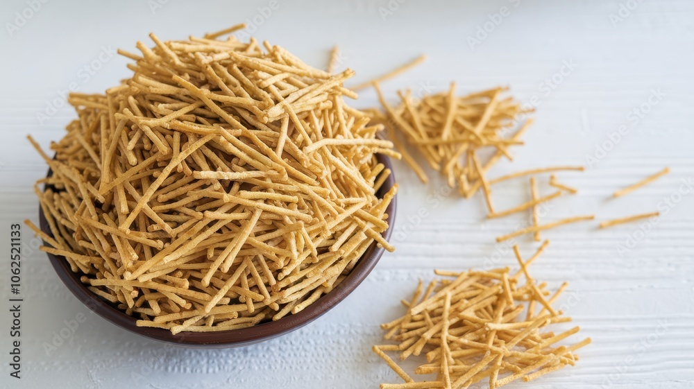 Close-Up of Sev Indian Snack Isolated on White Background Close-Up of Sev Indian Snack Isolated on White Background