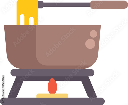 Cheese fondue pot melting over burning portable stove, illustration for restaurant menu