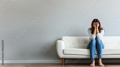 Distressed Woman Sitting on Couch with Head in Hands in Cozy Home Setting