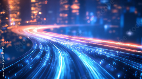 Abstract banner background technology of high speed global data transfer and super fast broadband in futuristic tech city at night, high speed internet and big data connection network