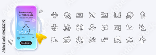 Skin moisture, Bike and Ole chant line icons for web app. Phone mockup gradient screen. Pack of Falling star, Loan percent, T-shirt pictogram icons. Friends chat, Certificate, Open door signs. Vector