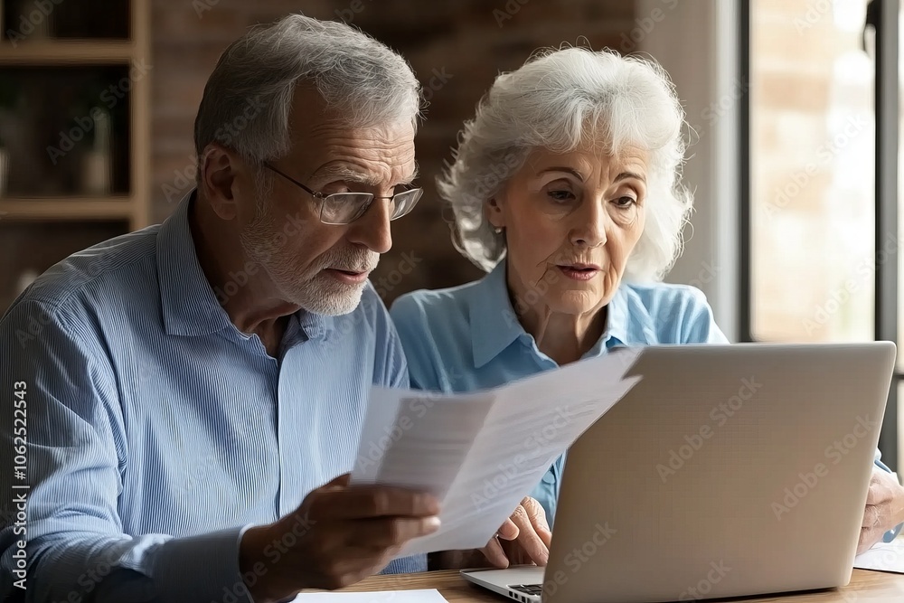 Senior couple reviewing finances at home with a laptop, discussing documents together. Senior couple reviewing finances at home with a laptop, discussing documents together.