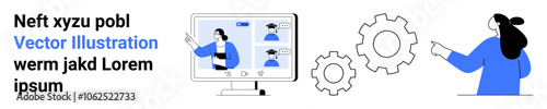 Team engaging in an online meeting with diverse teammates displayed on a monitor and gears symbolizing collaboration and productivity. Ideal for remote work, team collaboration, digital meetings