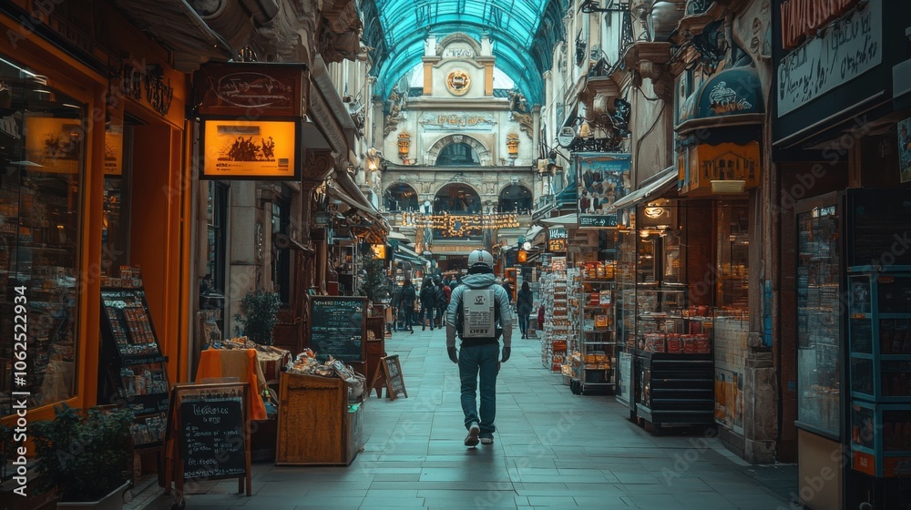 Fototapeta premium A lone pedestrian walks through a bustling European shopping arcade, surrounded by shops and people.