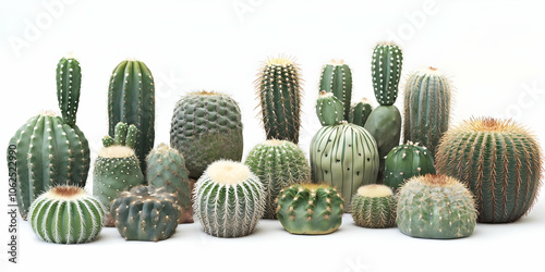 A collection of various cacti displayed against a white background.