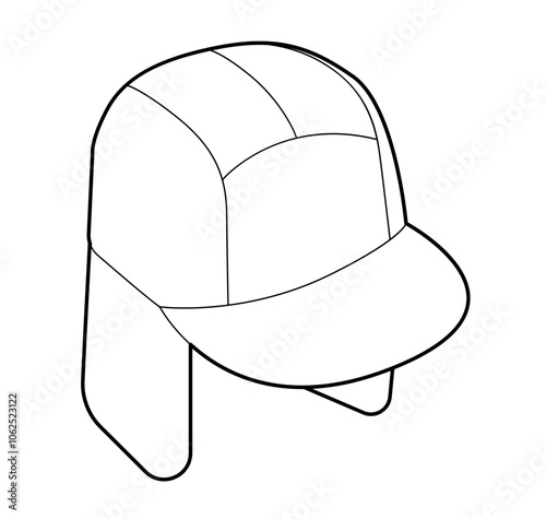 Flap Protective Cap Hat. Summer Head Fashion accessory clothing technical illustration. Vector headgear for Men, women, unisex style, flat template CAD mockup sketch outline isolated